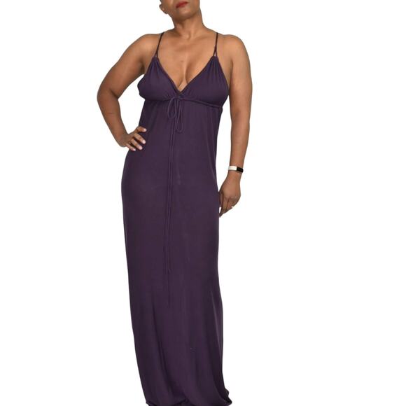 Club Monaco Slip Dress Purple Maxi Halter Spaghetti Straps Plunging Size Medium - Picture 10 of 15
